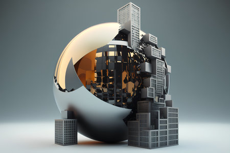 3d render of abstract sphere with cityscape in the background.の素材