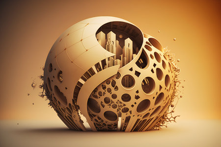3d illustration of earth globe with skyscrapers in the backgroundの素材