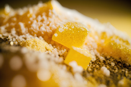 Macro of yellow sugar cubes on wooden background. Selective focus. Toned.の素材