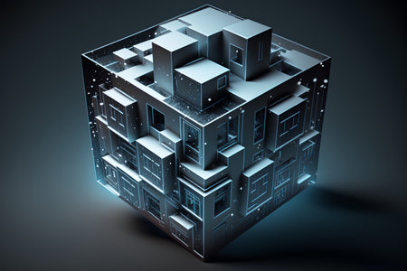 Abstract cube with binary code on the dark background. 3d illustrationの素材