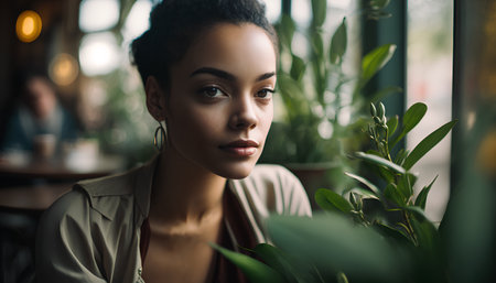 Beautiful young african american woman sitting in cafe and looking awayの素材