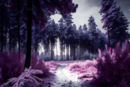 Beautiful winter landscape with snow covered trees and path in the forestの素材