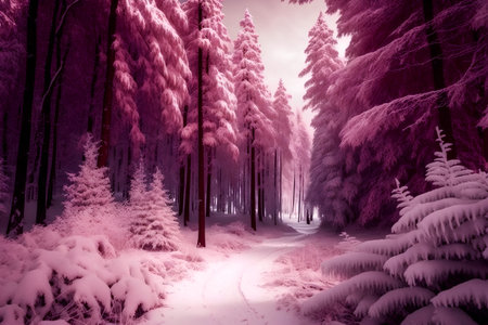 Beautiful winter landscape with snow covered trees and path in the forestの素材