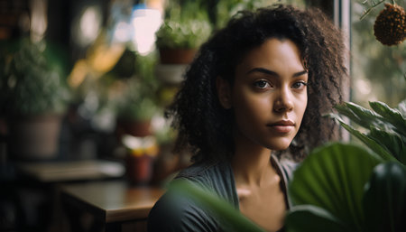 Beautiful african american woman with afro hairstyle sitting in cafe.の素材