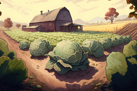 Cabbage field and old farm house. Vector illustration in cartoon styleの素材