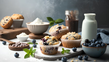 Blueberry muffins with fresh berries and milk on a light backgroundの素材