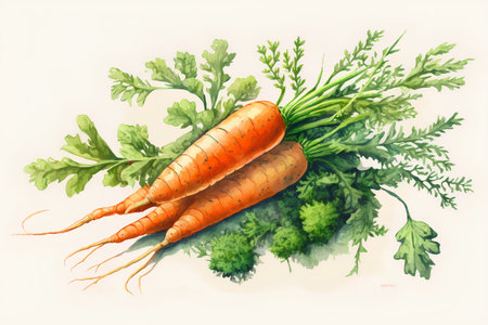 Watercolor illustration of a bunch of fresh carrots with green leaves on a white backgroundの素材