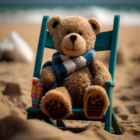Teddy bear sitting in a deck chair on the sand at the seaの素材