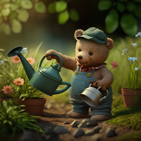 Gardening concept with teddy bear and watering can in the gardenの素材