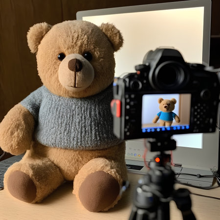 Teddy bear in front of a video camera and a laptop.の素材