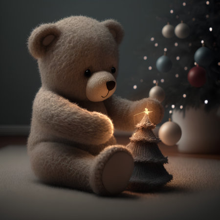 Teddy bear with christmas tree on background. 3D rendering.の素材