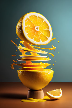Falling slice of lemon in juice splash. 3d illustration.の素材