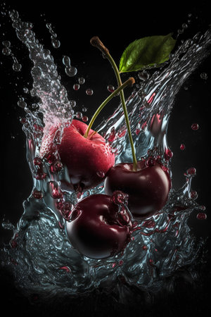 cherries with water splash on black background. 3d illustration.の素材