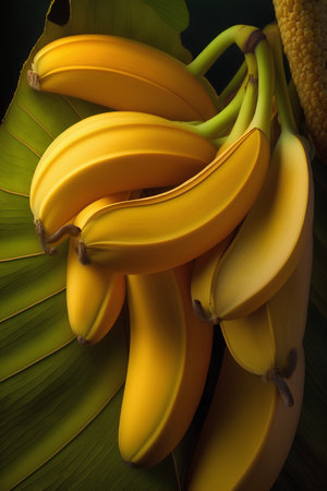 Banana bunch on banana leaf background with copy space for your textの素材
