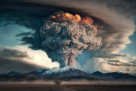 Volcanic eruption in the desert with a tree in the foregroundの素材