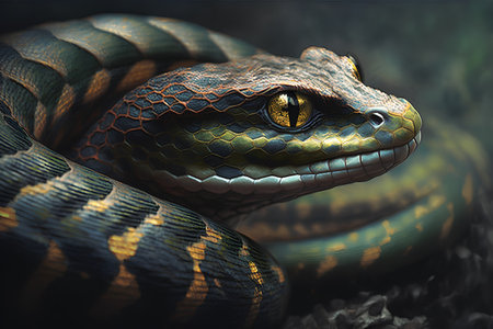 3D rendering of a green snake with yellow eyes and black skinの素材