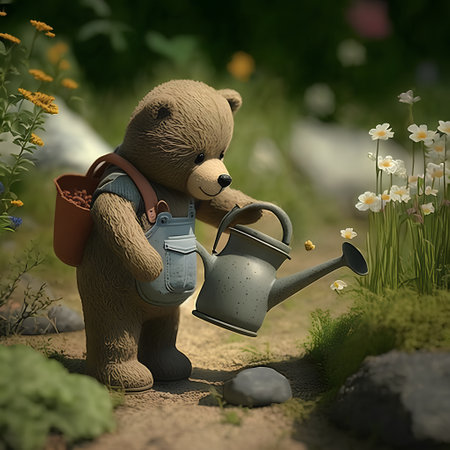 Teddy bear with watering can in the garden, 3d renderの素材