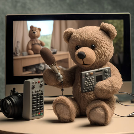 Teddy bear with remote control and tv on the table at homeの素材