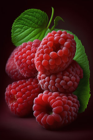 Frozen raspberries on a dark background close-up.の素材