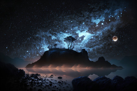 Fantasy landscape with a tree on a rock. Elements of this image furnished by NASAの素材