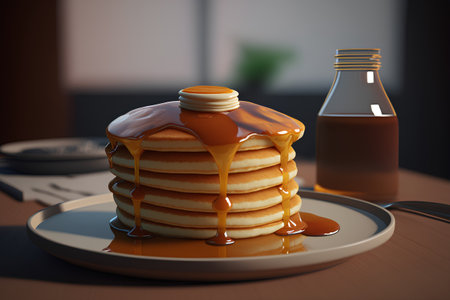 Pancakes with maple syrup on a plate. 3d renderingの素材