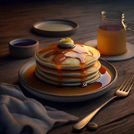 Pancakes with butter and honey on wooden table. 3d illustrationの素材