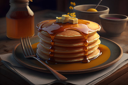 Pancakes with honey and butter on a wooden background. 3d illustrationの素材