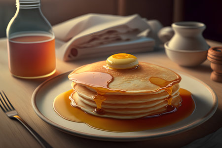 Pancakes with honey and butter on a plate. 3d renderingの素材