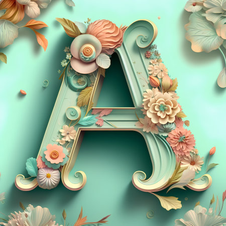 Floral capital letter A decorated with flowers and leaves. 3D renderingの素材