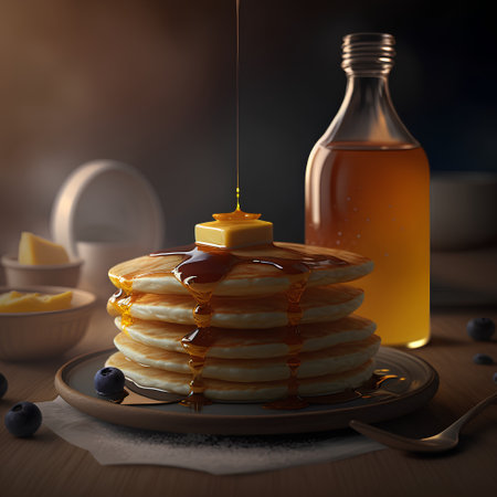 Pancakes with honey and blueberries on a wooden table.の素材