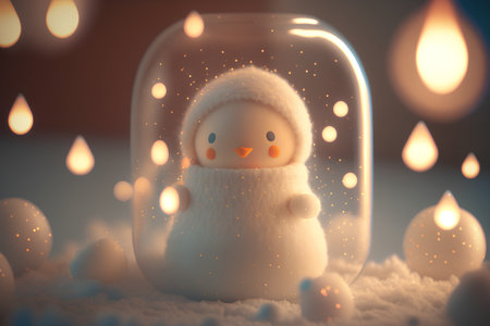 Snowman in the snow with a lantern. 3d rendering.の素材