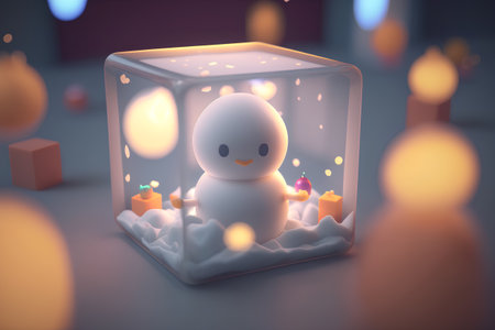 3d render of a snowman inside a glass cube with candlesの素材
