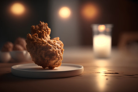 Crispy fried chicken nuggets on plate and burning candles on backgroundの素材