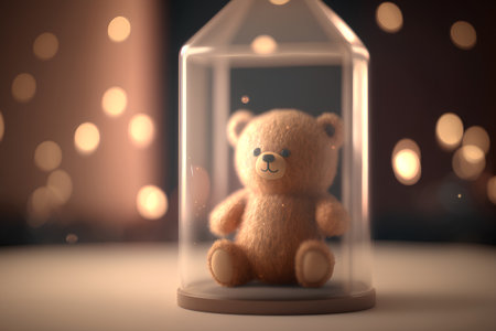 Teddy bear in a glass jar on a background of defocused lights.の素材