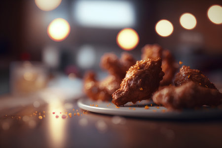 Fried chicken nuggets on a plate with bokeh backgroundの素材