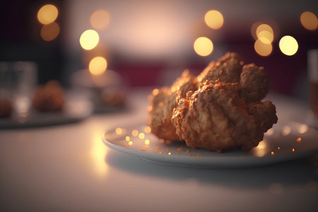 Fried chicken nuggets on a white plate with bokeh backgroundの素材