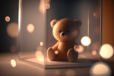 Teddy bear in a glass box with bokeh background.の素材