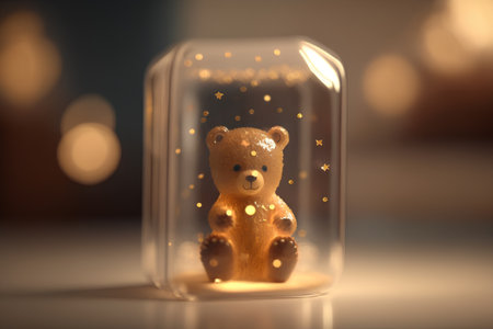 Teddy bear inside a glass jar with golden stars in the backgroundの素材