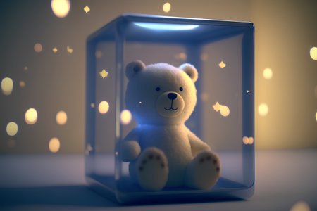 Teddy bear in a glass box with bokeh background.の素材