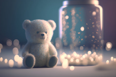 Teddy bear and glass jar with light bokeh background.の素材