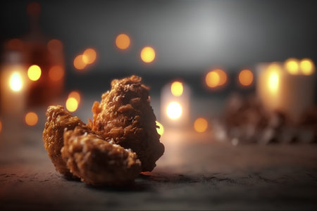 Crispy fried chicken on the table with candles in the backgroundの素材