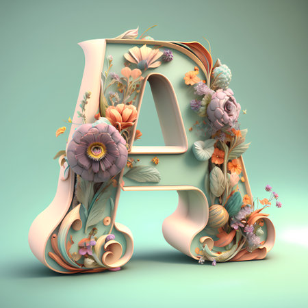 Alphabet letter A decorated with flowers and leaves. 3D renderingの素材