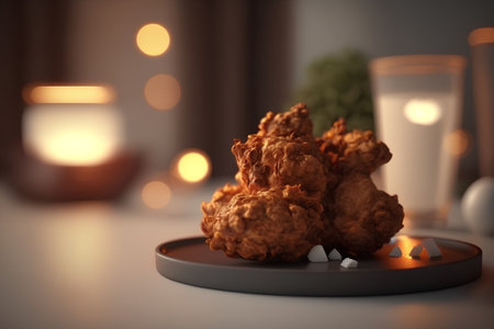 Crispy fried chicken nuggets on a plate with candles in the backgroundの素材