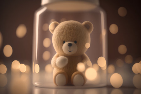 Teddy bear in a glass jar with bokeh background.の素材
