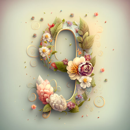 Floral number 9. 3d render. Floral font.の素材