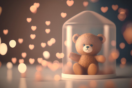 teddy bear in a glass jar with hearts bokeh backgroundの素材