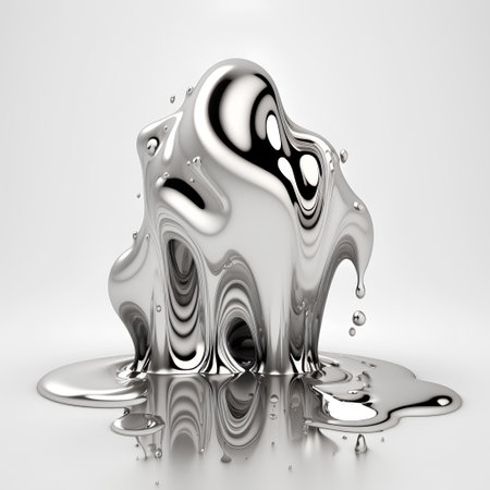 3d render of liquid splashing on a white background with reflectionの素材
