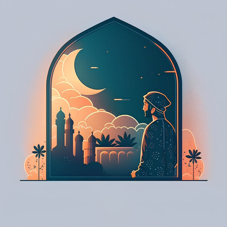 Ramadan Kareem greeting card. Muslim man in the mosque at night. Vector illustrationの素材