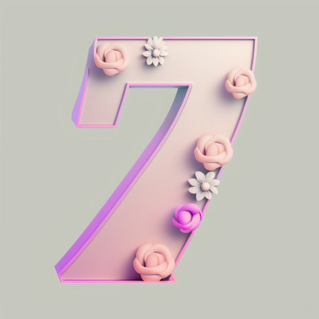 Pink number 7 with flowers and petals. 3d render.の素材