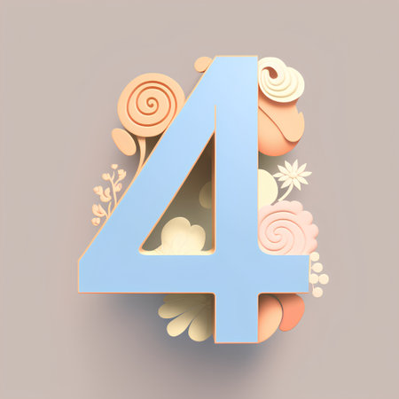 Number 4 with floral background. 3D illustration. Vintage style.の素材